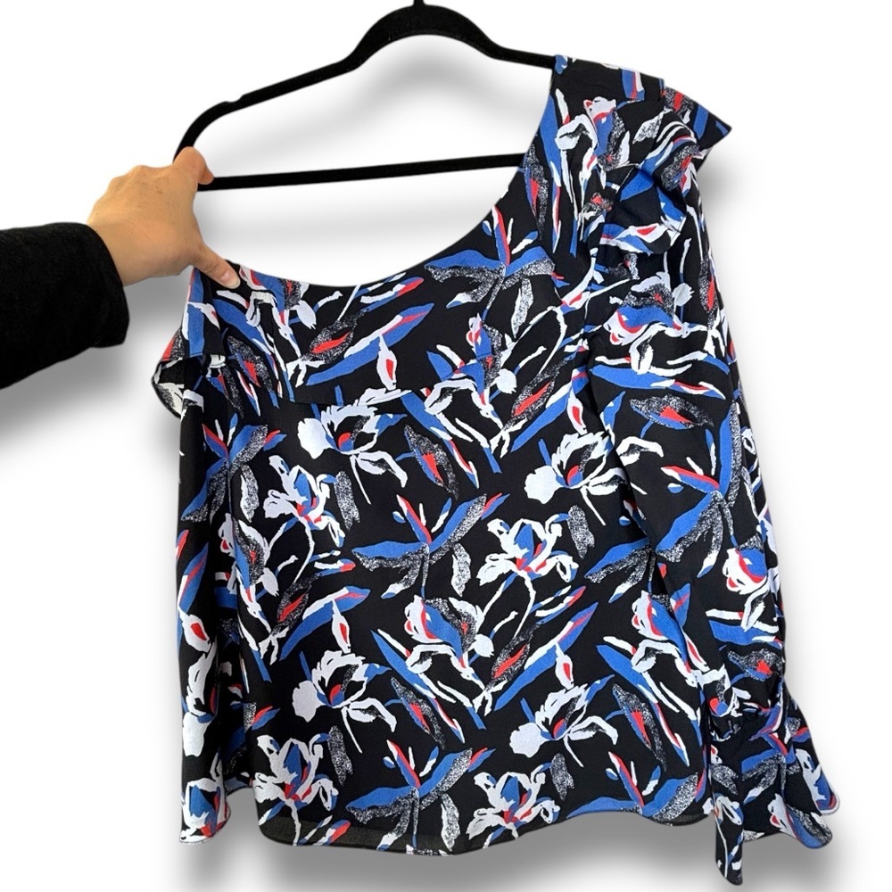 Tanya Taylor Orla Blue Black Red‎ Flora One Shoulder Silk Ruffle Top Size 12 - Picture 5 of 12